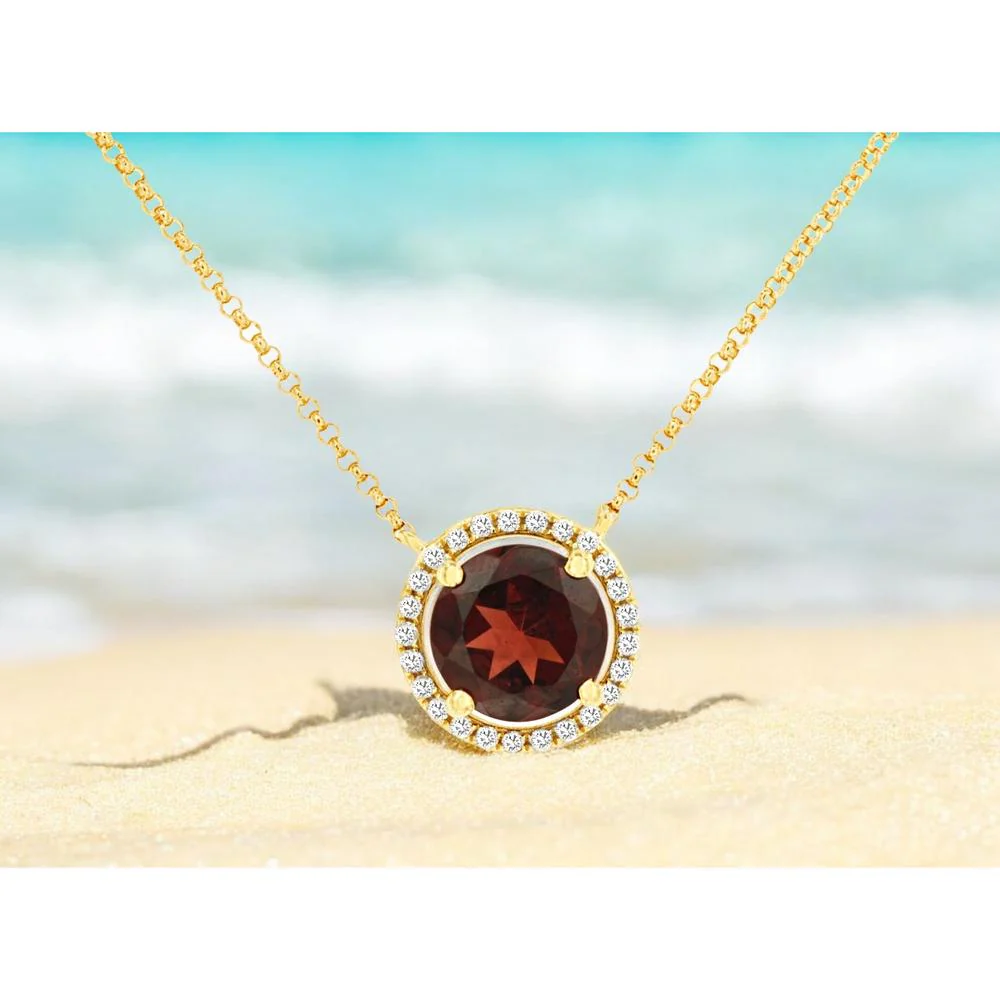14K Yellow Gold Halo Pendant Necklace with 2.20 Carat Round Garnet and 0.14 Carat Diamond Accents - Royal Jewelry - Image 2