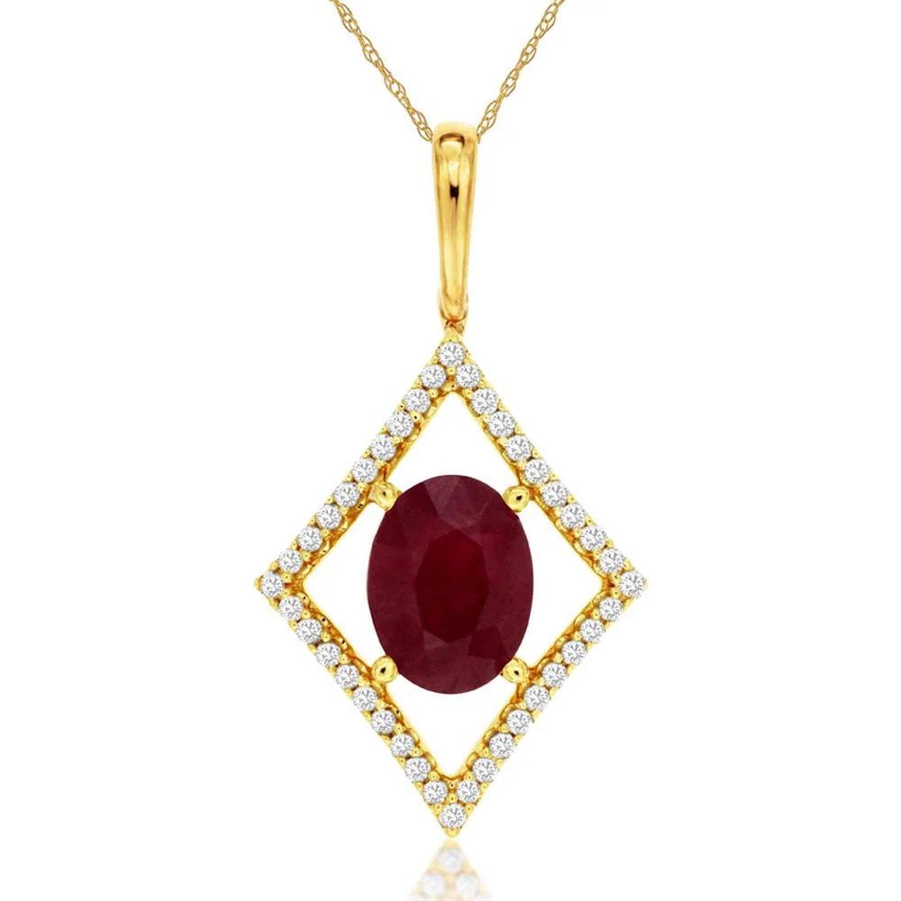 14K Yellow Gold Halo Pendant Necklace with Oval Ruby and Round Diamond Border - 1.23 Carat Ruby, 0.15 Carat Diamond - Royal Jewelry