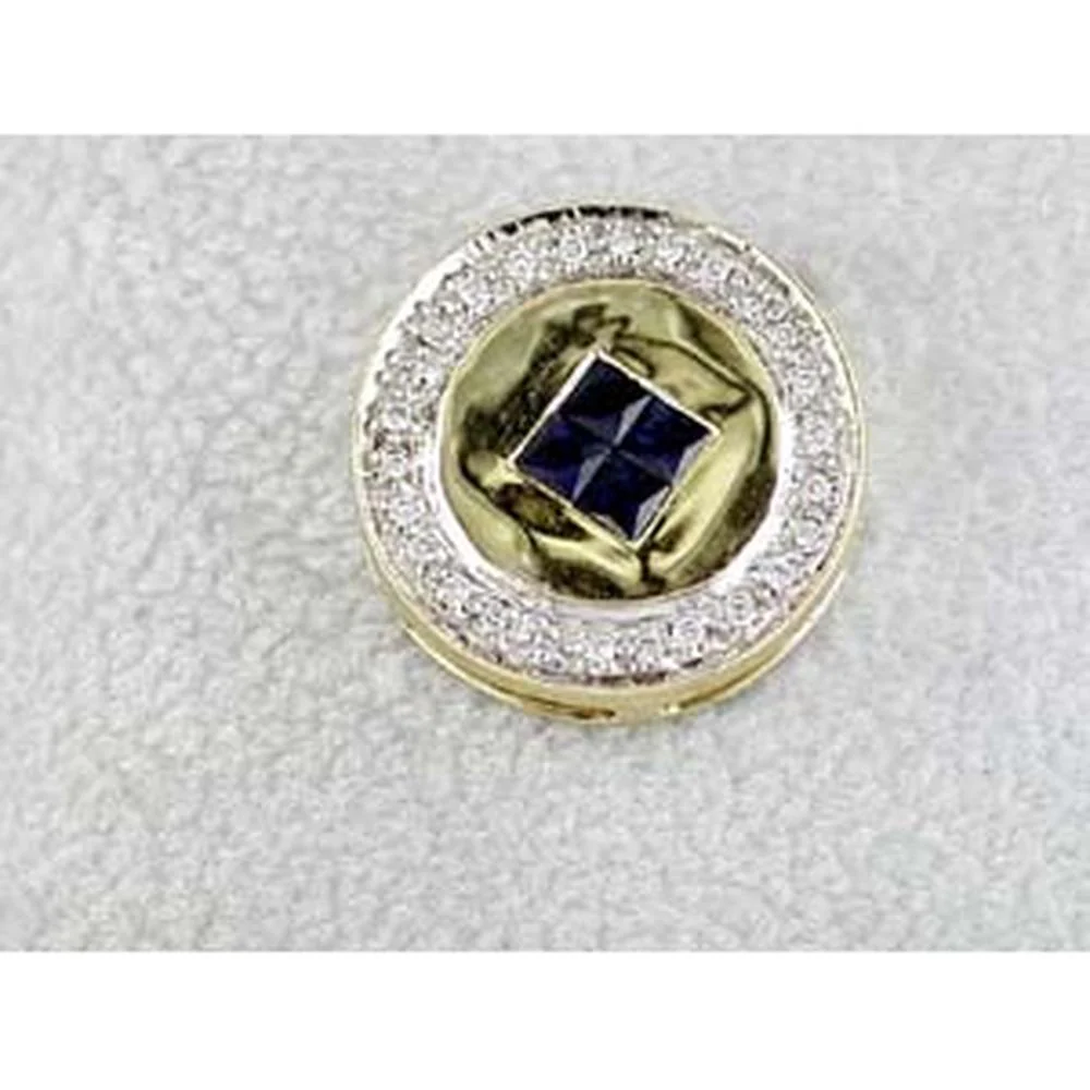 14K Yellow Gold Halo Pendant with 0.29 Carat Princess Cut Sapphire and 0.14 Carat Round Diamond Accents - Royal Jewelry