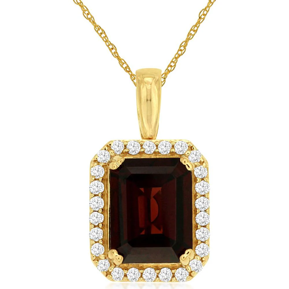 14K Yellow Gold Halo Pendant with Emerald Cut Garnet and Round Diamond Accents - 2.50 Carat Garnet, 0.20 Carat Diamond - Royal Jewelry
