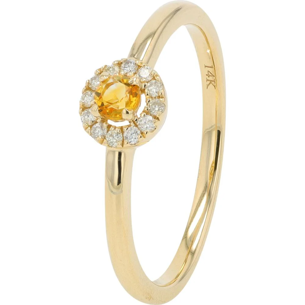 14K Yellow Gold Halo Ring with 0.10 Carat Round Citrine and 0.10 Carat Round Diamond Accents