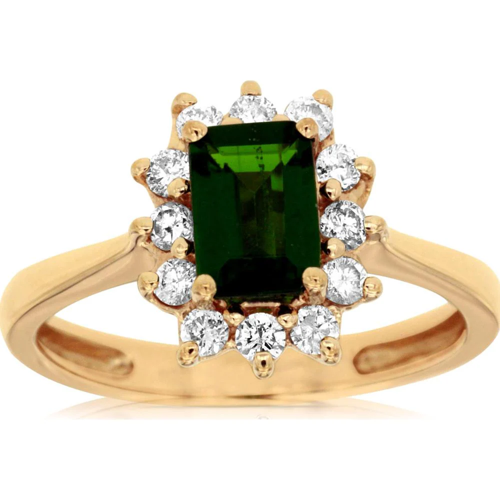 14K Yellow Gold Halo Ring with 1.00 Carat Emerald Cut Russalite and 0.38 Carat Round Diamonds - Royal Jewelry