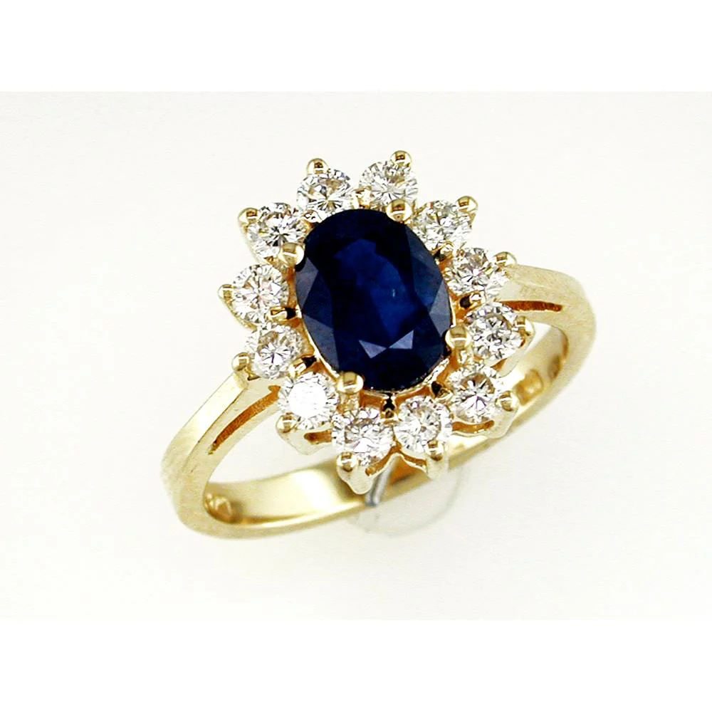 14K Yellow Gold Halo Ring with 1.40 Carat Oval Sapphire and 0.75 Carat Round Diamond Accents - Royal Jewelry