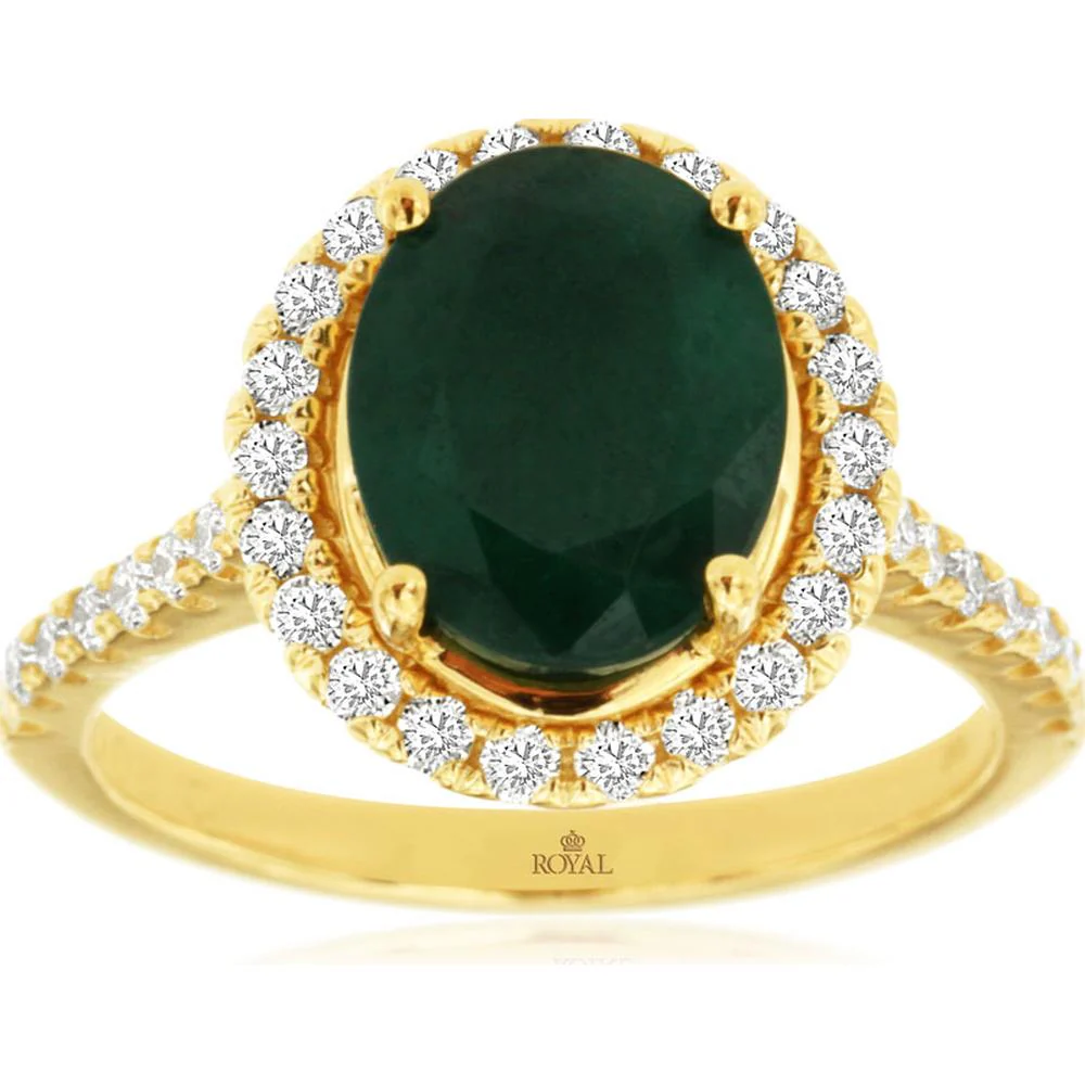 14K Yellow Gold Halo Ring with 2.40 Carat Oval Emerald and 0.60 Carat Round Diamonds - Total 3.00 Carats - Royal Jewelry