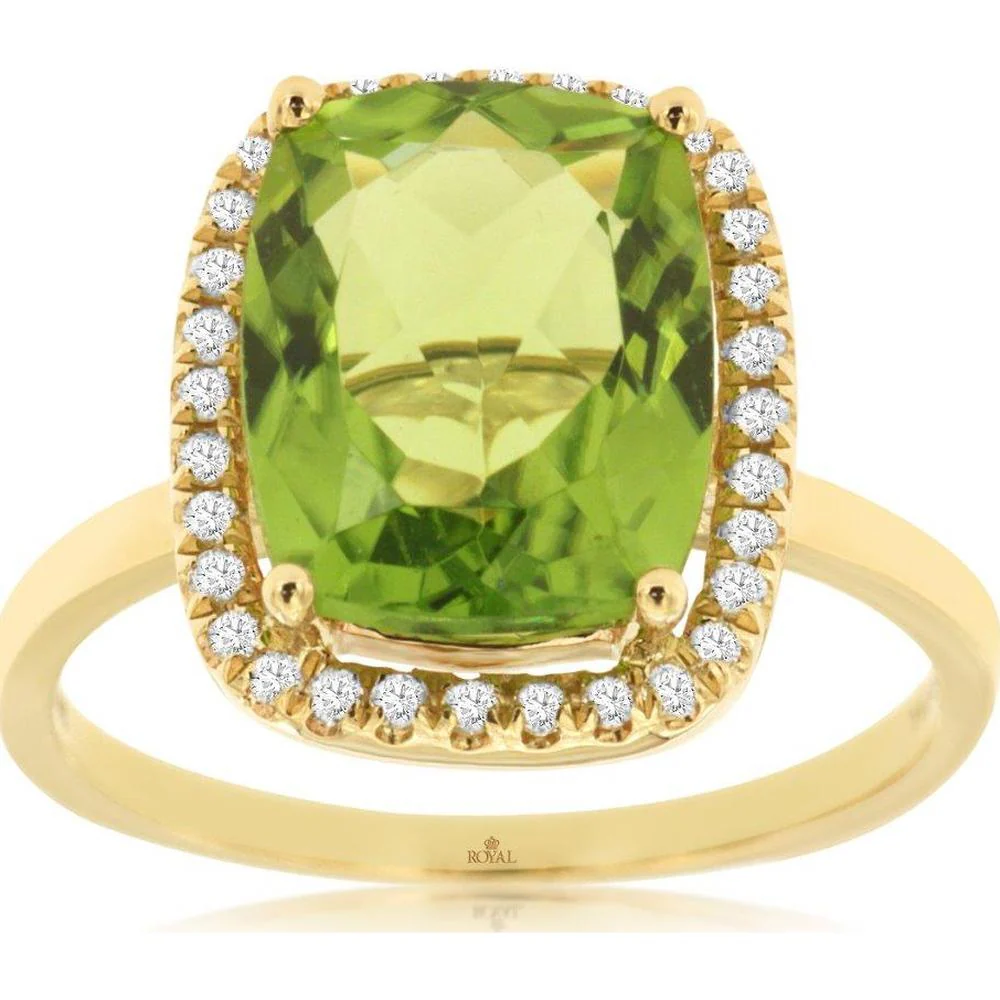 14K Yellow Gold Halo Ring with 4.25 Carat Cushion Cut Peridot and 0.18 Carat Round Diamonds - Royal Jewelry