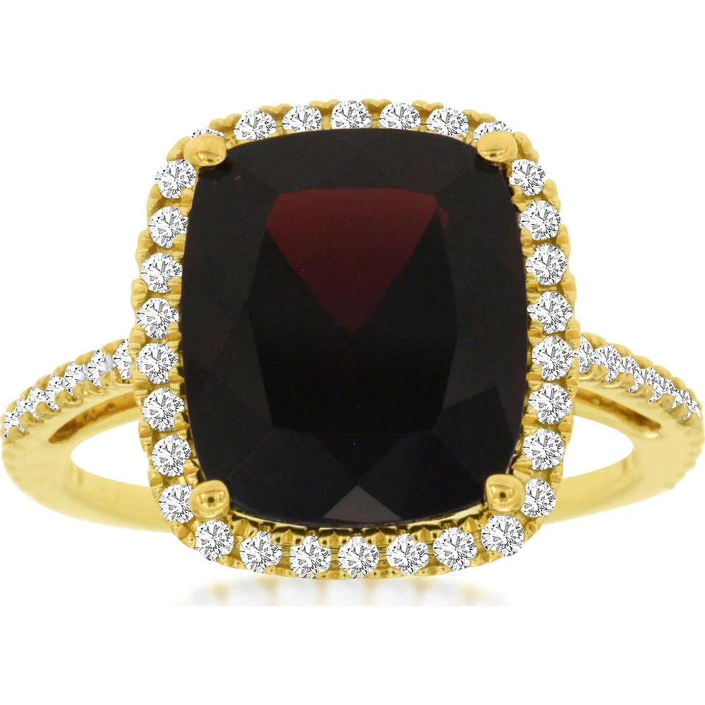 14K Yellow Gold Halo Ring with 5.50 Carat Cushion Cut Garnet and 0.38 Carat Round Brilliant Diamonds - Royal Jewelry
