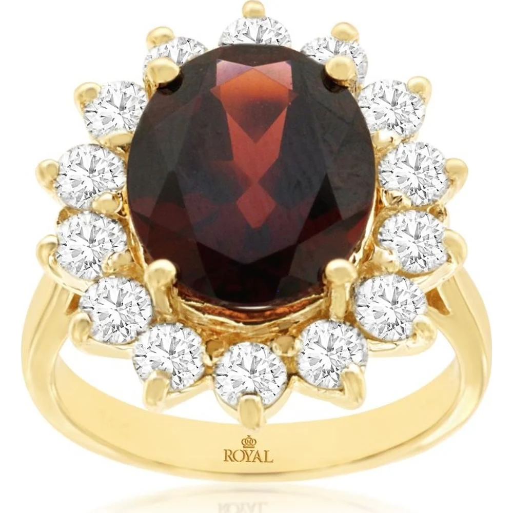 14K Yellow Gold Halo Ring with 5.50 Carat Oval Garnet and 1.90 Carat Round Diamonds - Royal Jewelry