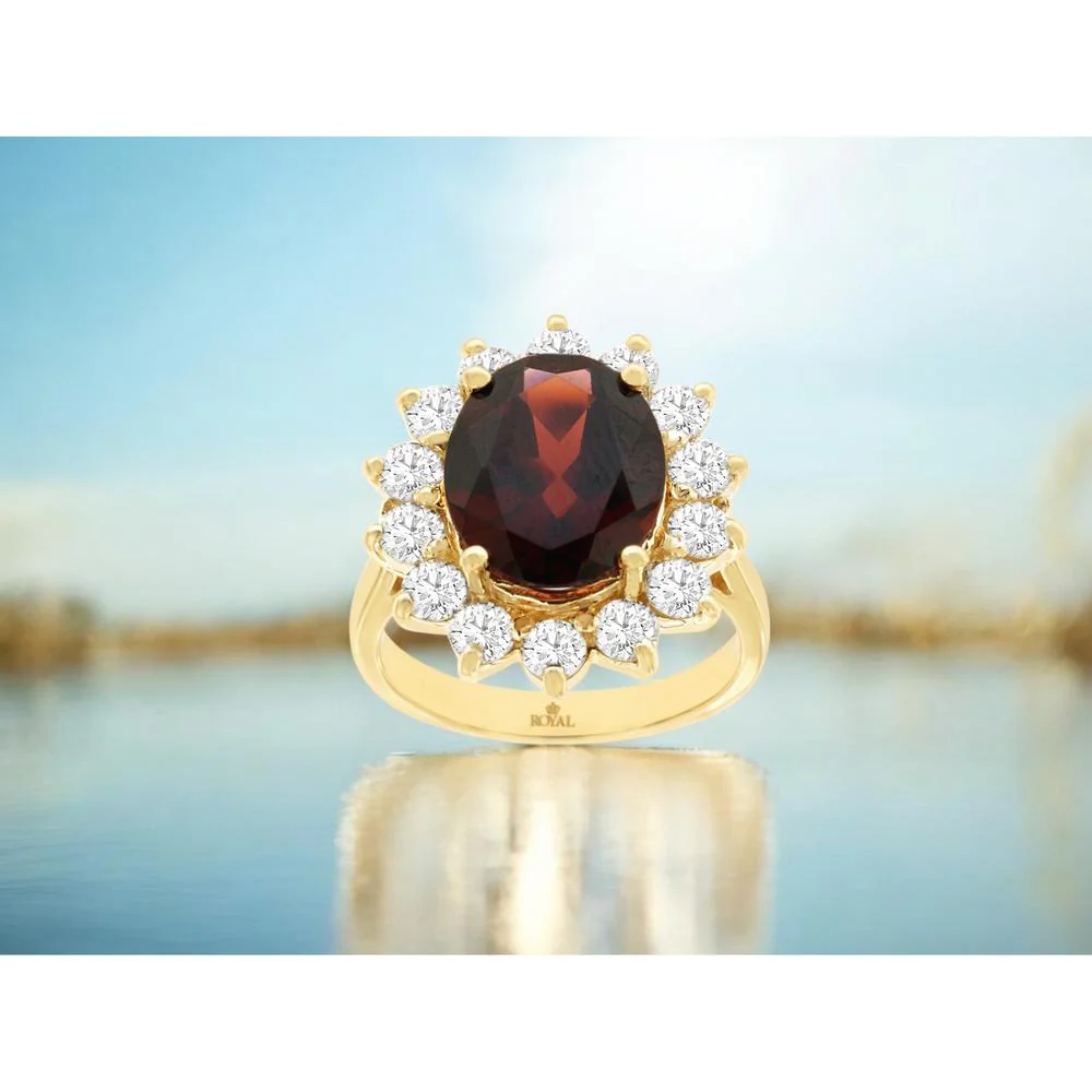 14K Yellow Gold Halo Ring with 5.50 Carat Oval Garnet and 1.90 Carat Round Diamonds - Royal Jewelry - Image 2
