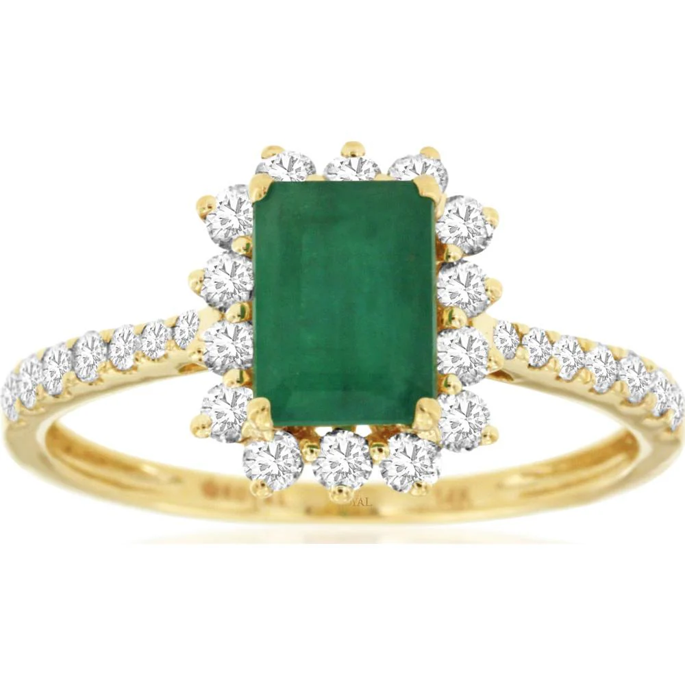 14K Yellow Gold Halo Ring with Emerald Cut Emerald and 0.48 Carat Total Weight Round Diamond Accents - 1.48 Carat Total Gem Weight - Royal Jewelry