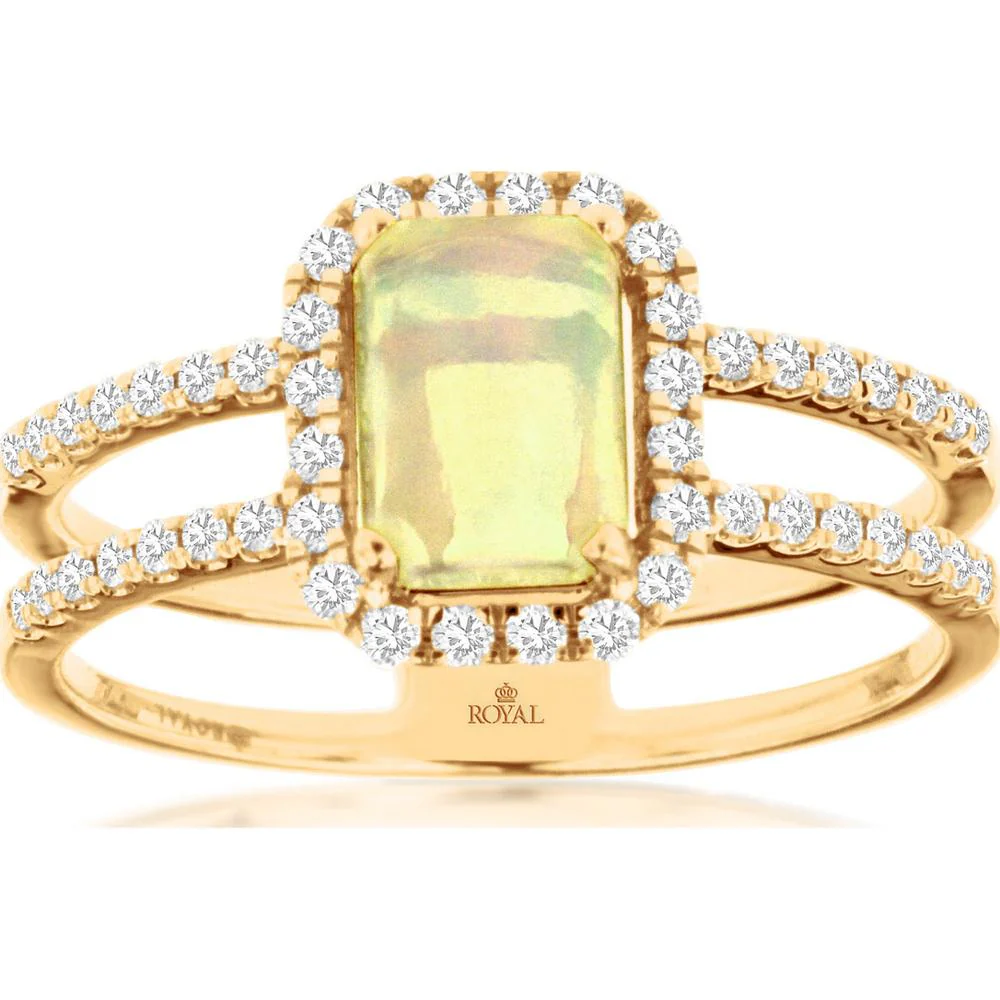 14K Yellow Gold Halo Ring with Emerald Cut Opal and Round Diamond Split Shank Band - 0.70 Carat Opal and 0.30 Carat Total Diamond Weight - Royal Jewelry