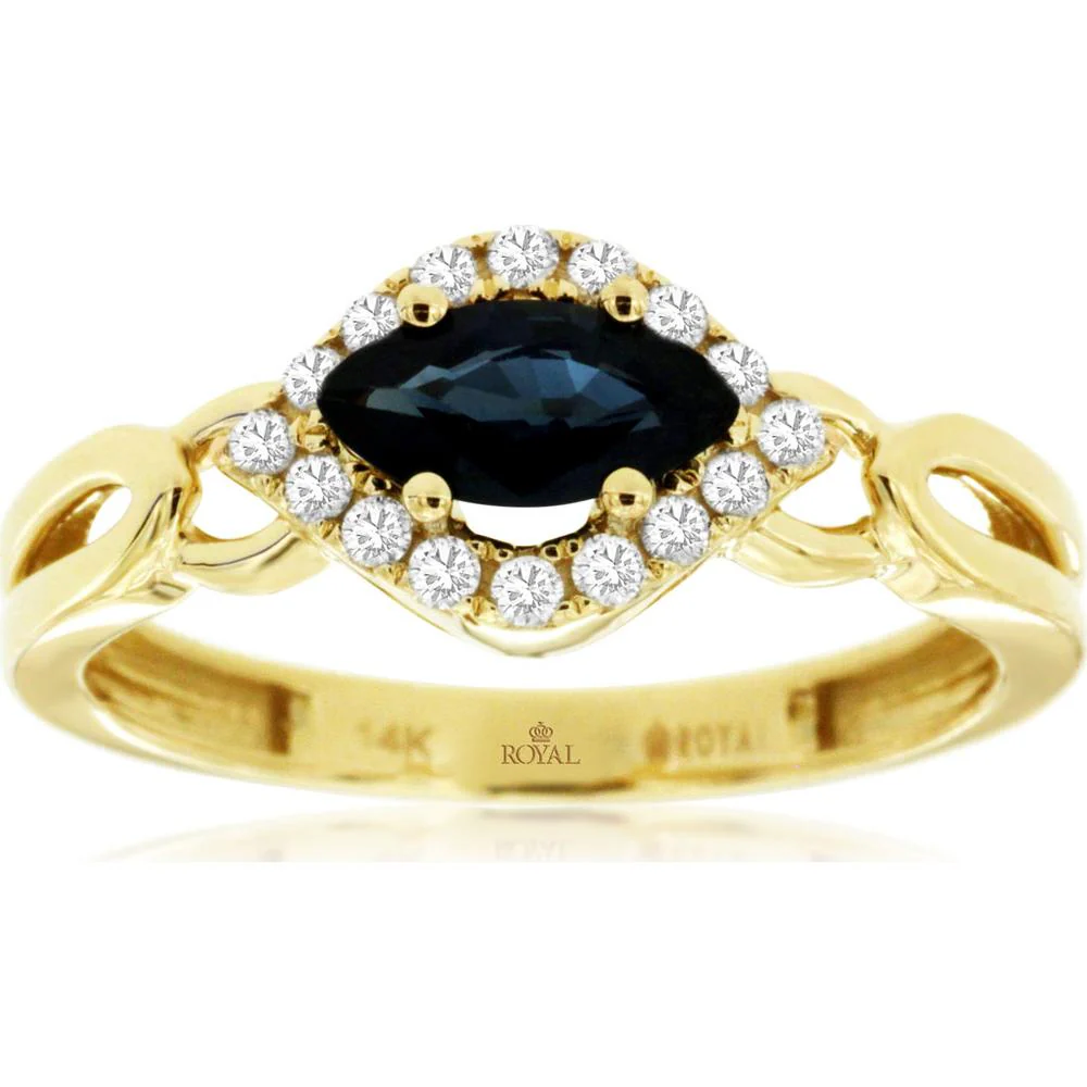 14K Yellow Gold Halo Ring with Marquise Cut Sapphire and Round Diamonds - 0.73 Carat Sapphire & 0.16 Carat Total Diamond Weight - Royal Jewelry