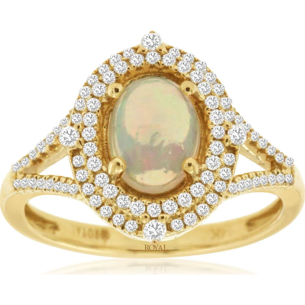 14K Yellow Gold Halo Ring with Oval Cabochon Opal and Round Diamonds - 0.90 Carat Opal, 0.33 Carat Diamond Total Weight - Royal Jewelry