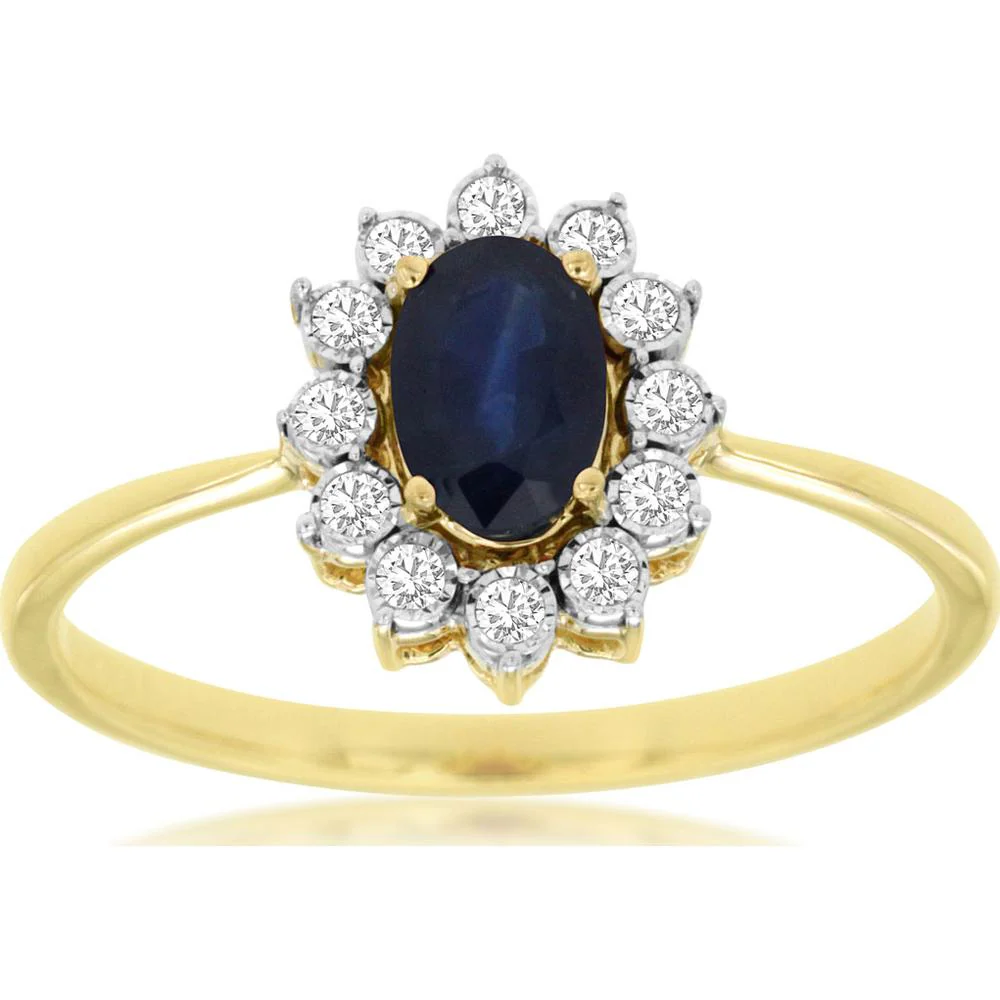 14K Yellow Gold Halo Ring with Oval Sapphire and Round Diamonds - 0.65 Carat Sapphire, 0.11 Carat Total Diamond Weight - Royal Jewelry