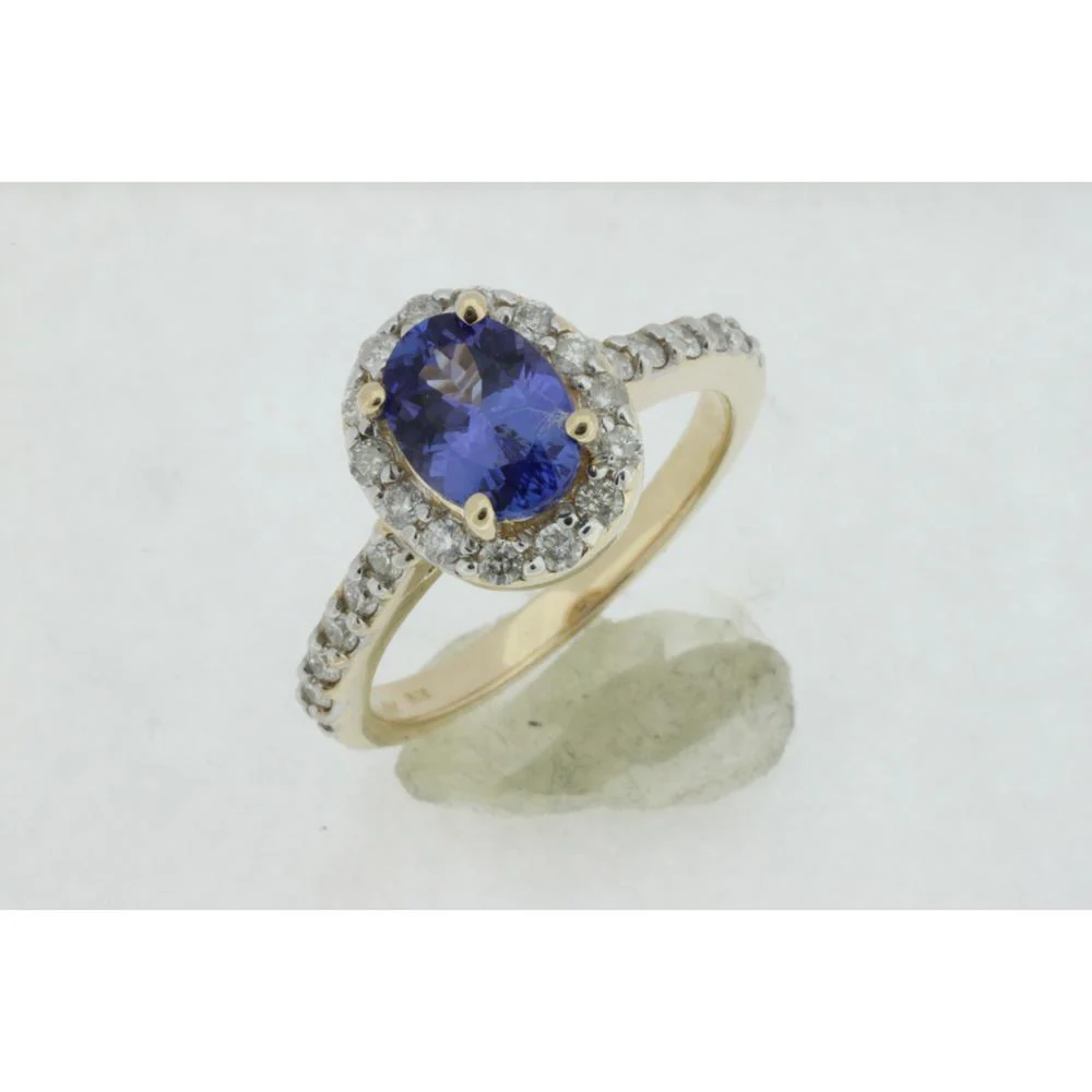 14K Yellow Gold Halo Ring with Oval Tanzanite and Round Diamonds - 1.30 Carat Tanzanite and 0.60 Carat Total Diamond Weight - Royal Jewelry