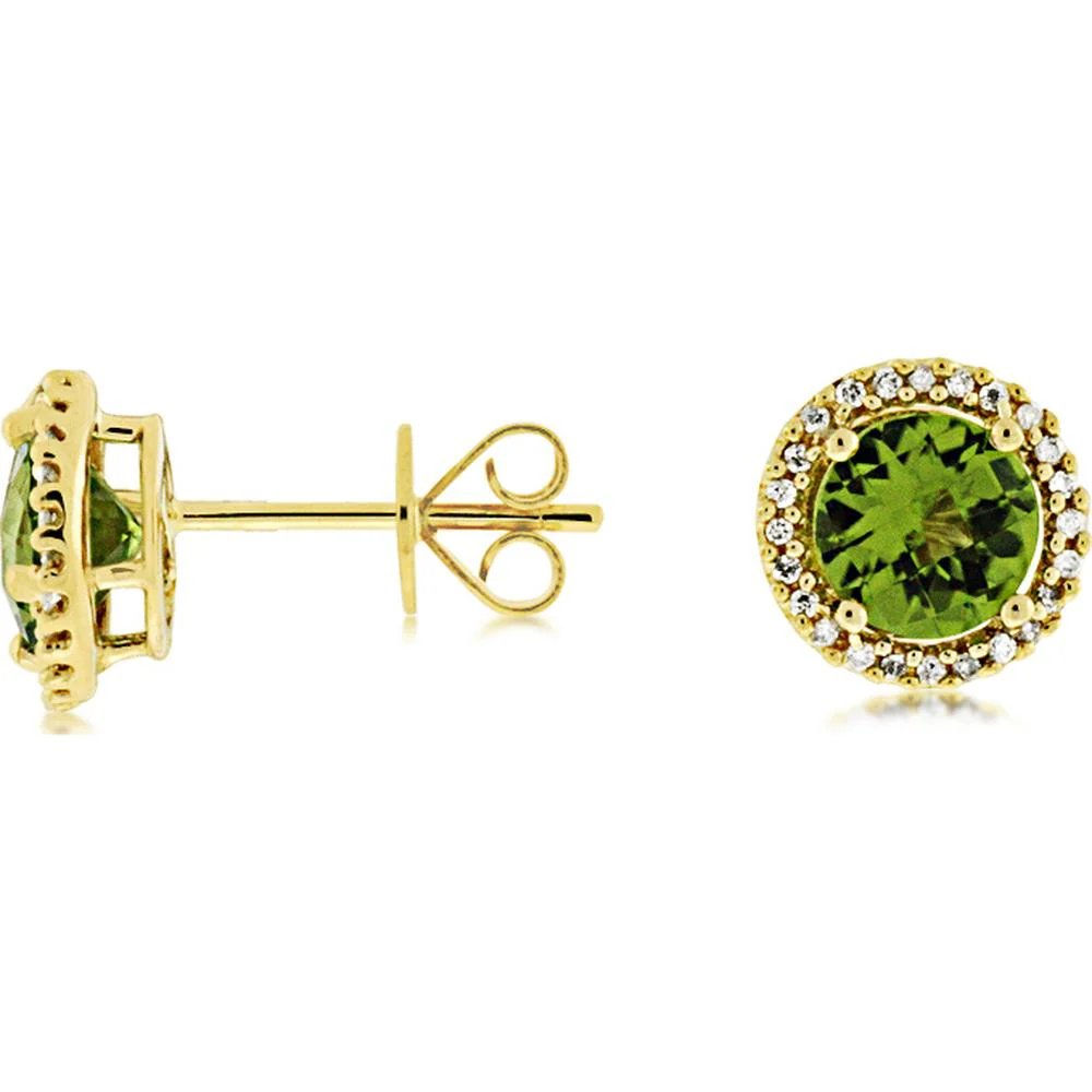 14K Yellow Gold Halo Stud Earrings with Round Peridot and Diamond Accents - 2.40 Carat Total Weight - Royal Jewelry