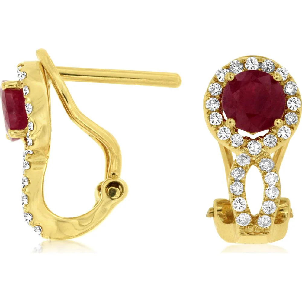 14K Yellow Gold Halo-Style Earrings with Round Rubies and Diamond Accents - 0.95 Carat Total Ruby Weight, 0.34 Carat Total Diamond Weight - Royal Jewelry