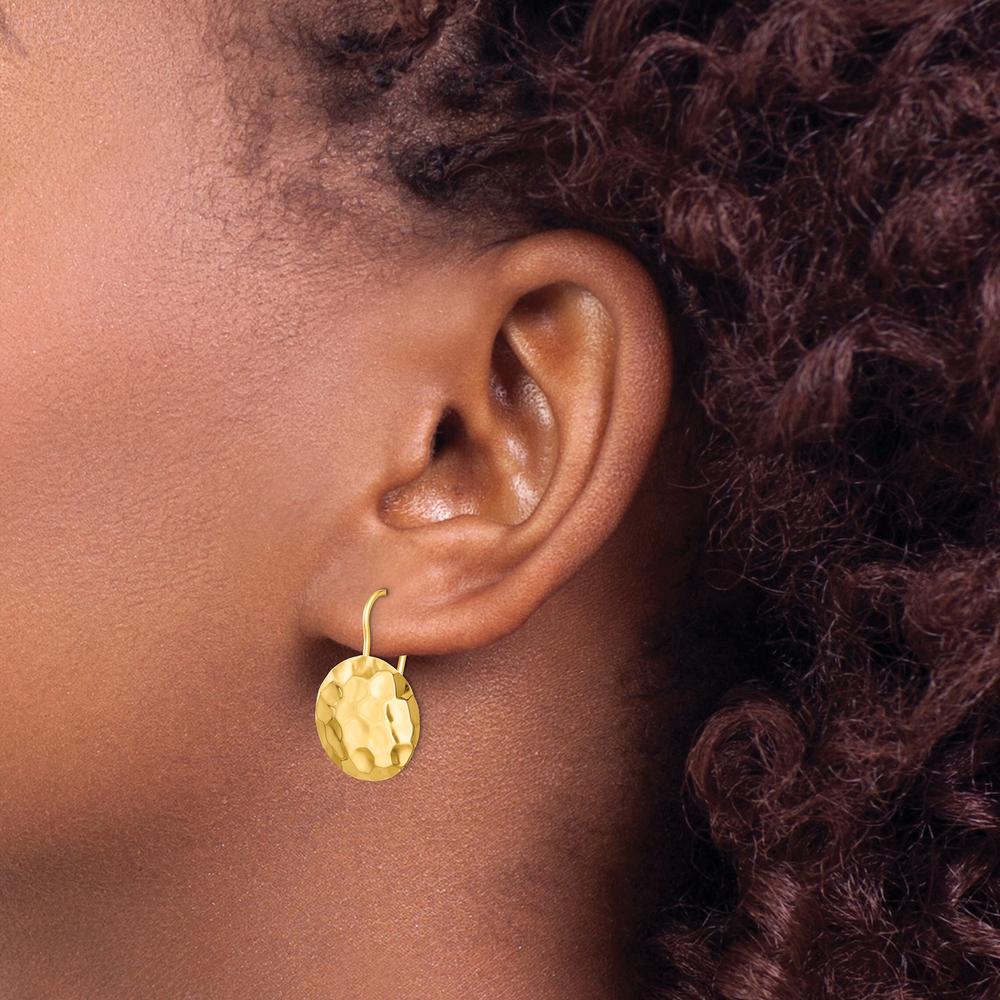14K Yellow Gold Hammered Circle Disc Drop Earrings - Polished Finish by Oro Pregiato - Image 3