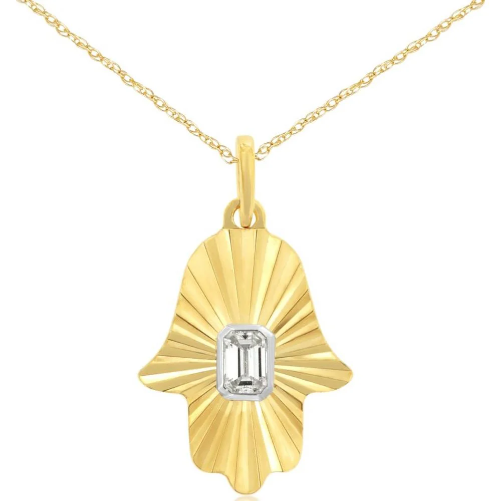 14K Yellow Gold Hamsa Pendant Necklace with Bezel Set Emerald Cut Diamond - 0.12 Carat Total Diamond Weight - Royal Jewelry
