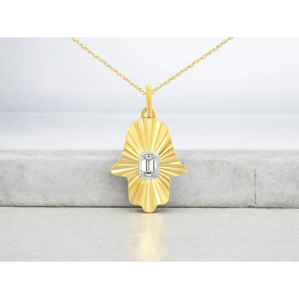 14K Yellow Gold Hamsa Pendant Necklace with Bezel Set Emerald Cut Diamond - 0.12 Carat Total Diamond Weight - Royal Jewelry - Image 2