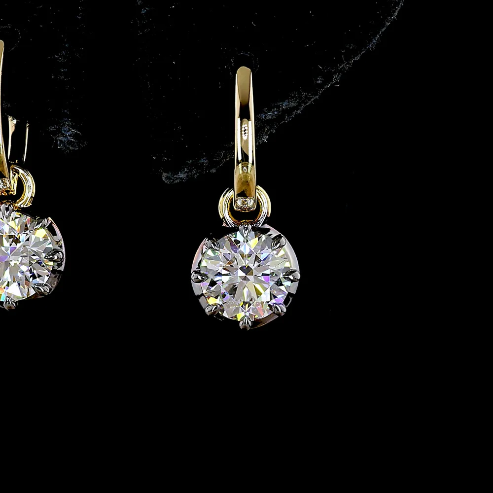14K Yellow Gold Hanging Drop Earrings with 2.02 Carat Total Weight Round Brilliant Cut Lab Diamonds - D VS1 Clarity with Prong & Black Rhodium Setting - Covaloro Fine Jewelry - Image 2