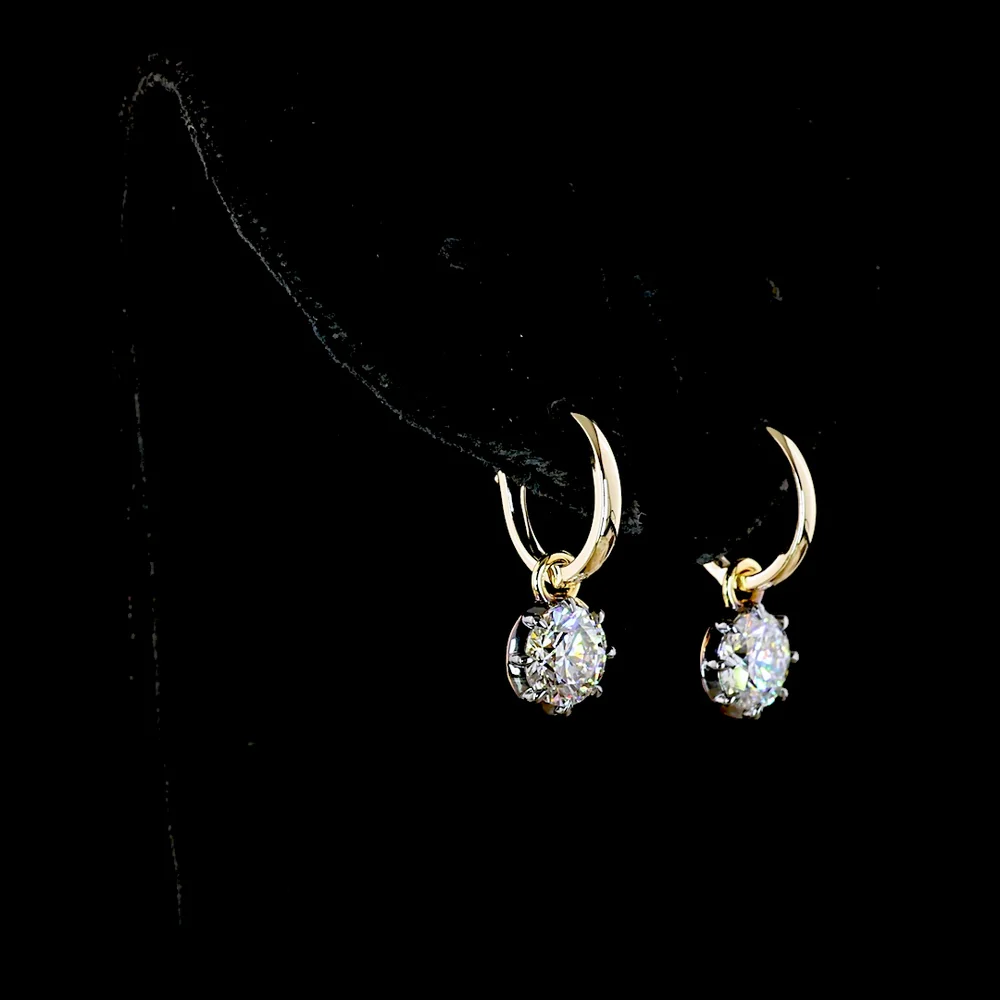 14K Yellow Gold Hanging Drop Earrings with 2.02 Carat Total Weight Round Brilliant Cut Lab Diamonds - D VS1 Clarity with Prong & Black Rhodium Setting - Covaloro Fine Jewelry - Image 3