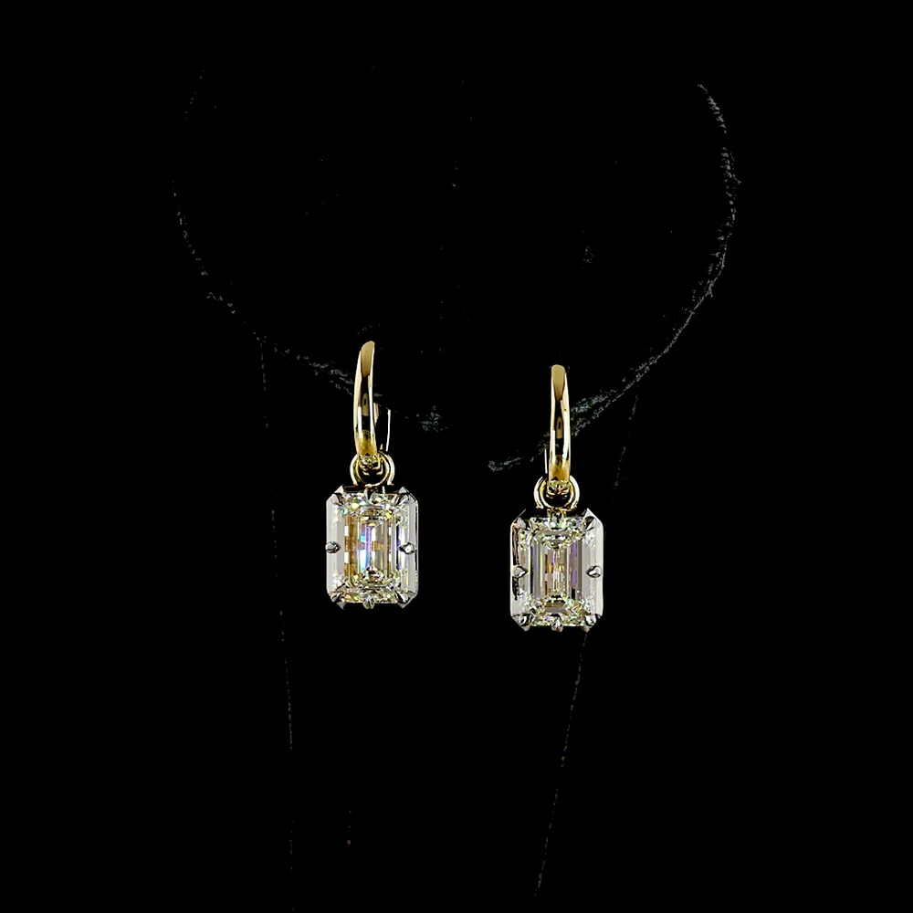 14K Yellow Gold Hanging Drop Earrings with 2.03 Carats & 2.04 Carats Emerald Cut Lab Grown Diamonds - 4.07 Carat Total Weight, E-F VS1 Clarity, Black Rhodium Accented Prong Bezel Setting - Covaloro Fine Jewelry