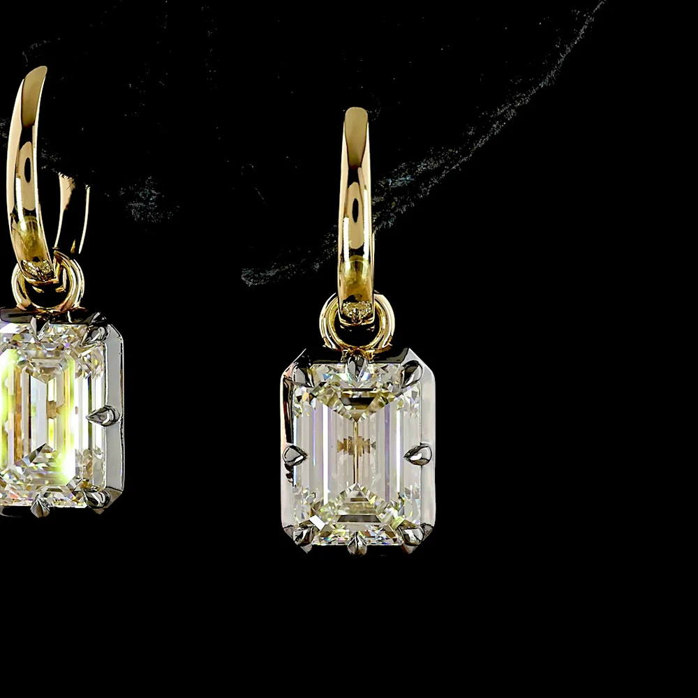 14K Yellow Gold Hanging Drop Earrings with 2.03 Carats & 2.04 Carats Emerald Cut Lab Grown Diamonds - 4.07 Carat Total Weight, E-F VS1 Clarity, Black Rhodium Accented Prong Bezel Setting - Covaloro Fine Jewelry - Image 2