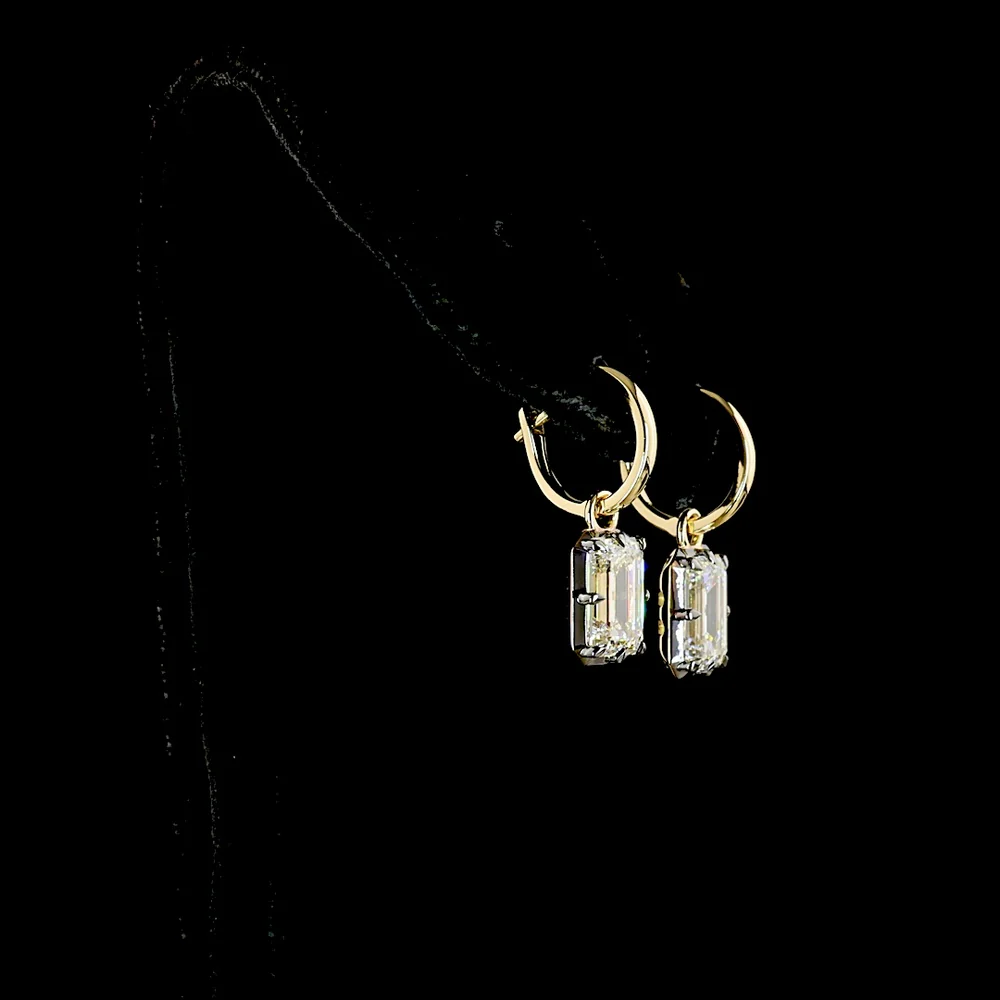 14K Yellow Gold Hanging Drop Earrings with 2.03 Carats & 2.04 Carats Emerald Cut Lab Grown Diamonds - 4.07 Carat Total Weight, E-F VS1 Clarity, Black Rhodium Accented Prong Bezel Setting - Covaloro Fine Jewelry - Image 3