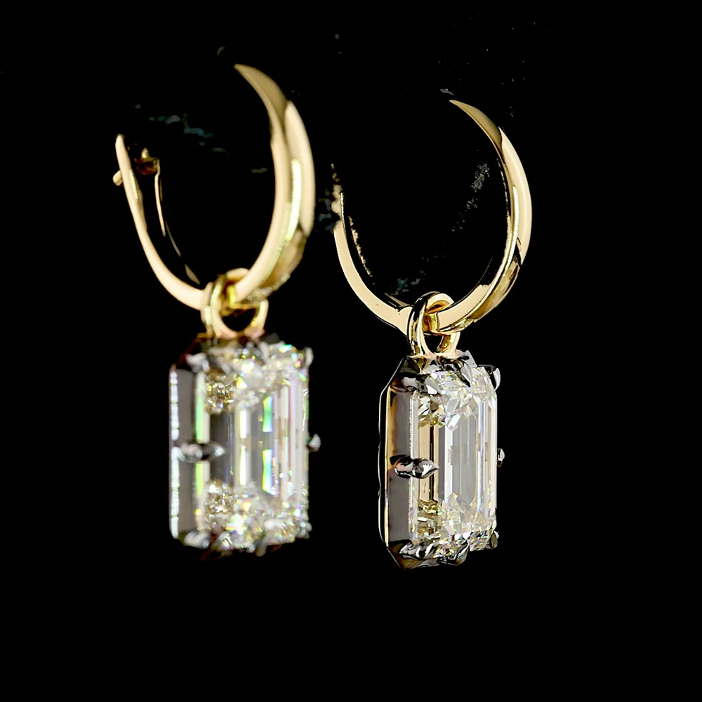 14K Yellow Gold Hanging Drop Earrings with 2.03 Carats & 2.04 Carats Emerald Cut Lab Grown Diamonds - 4.07 Carat Total Weight, E-F VS1 Clarity, Black Rhodium Accented Prong Bezel Setting - Covaloro Fine Jewelry - Image 4