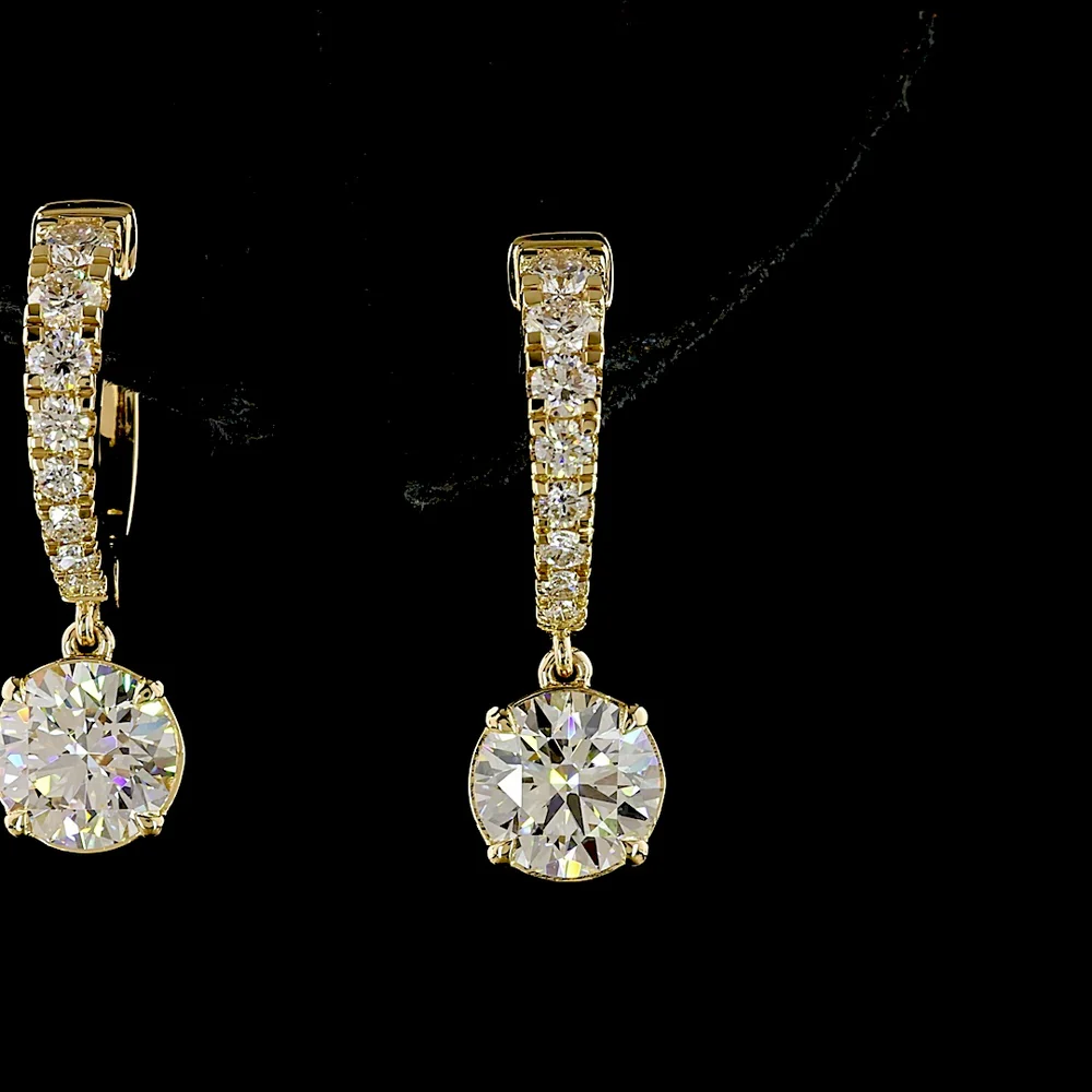 14K Yellow Gold Hanging Drop Earrings with 2.51 Carat Total Weight Lab Diamonds - Round Brilliant Cut, Prong-Set E-F VS1 Clarity - Covaloro Fine Jewelry - Image 2
