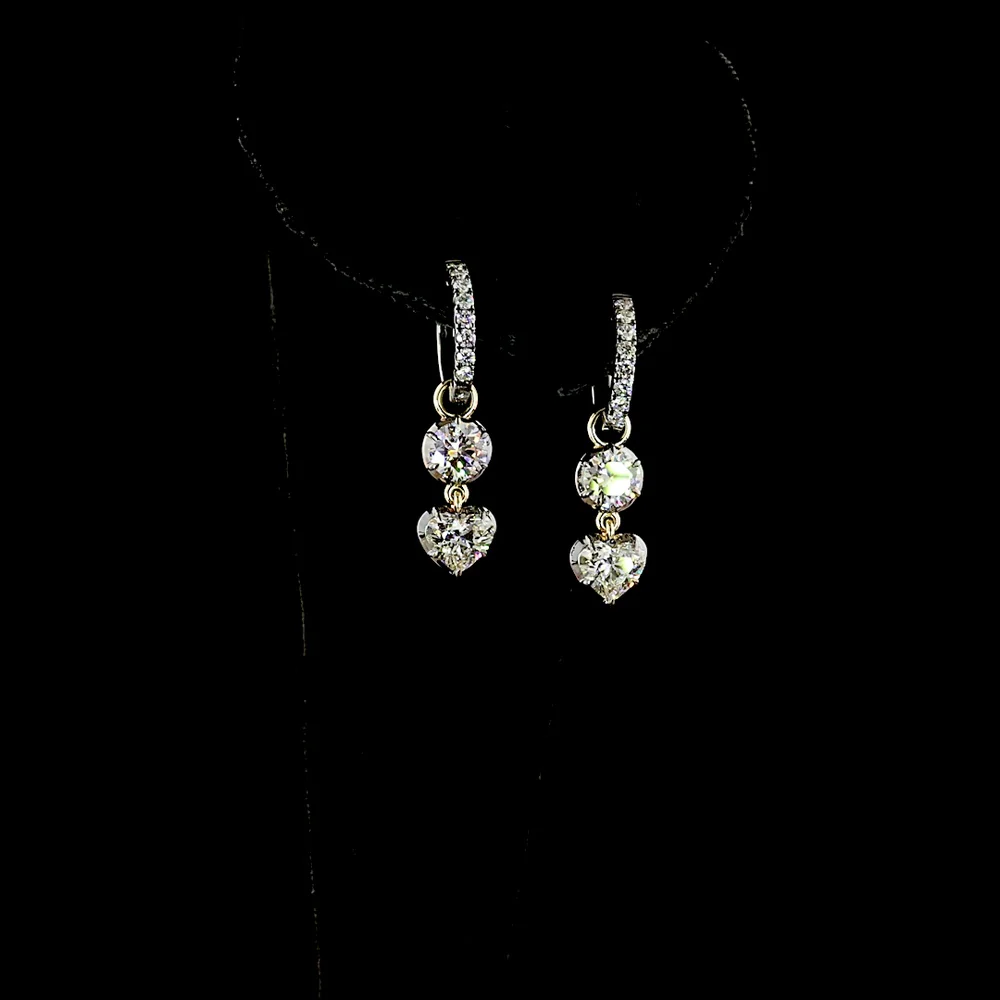 14K Yellow Gold Hanging Drop Earrings with Bezel Set Round and Heart Shaped Lab Diamonds - 2.53 Carats Total Diamond Weight - Covaloro Fine Jewelry
