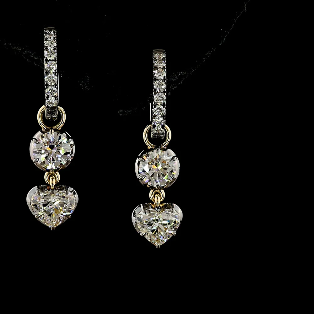 14K Yellow Gold Hanging Drop Earrings with Bezel Set Round and Heart Shaped Lab Diamonds - 2.53 Carats Total Diamond Weight - Covaloro Fine Jewelry - Image 2