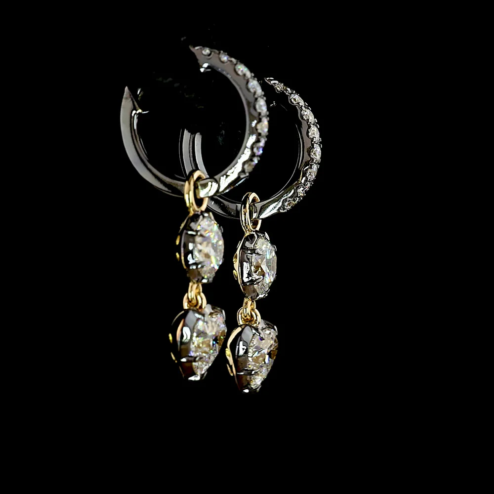 14K Yellow Gold Hanging Drop Earrings with Bezel Set Round and Heart Shaped Lab Diamonds - 2.53 Carats Total Diamond Weight - Covaloro Fine Jewelry - Image 4