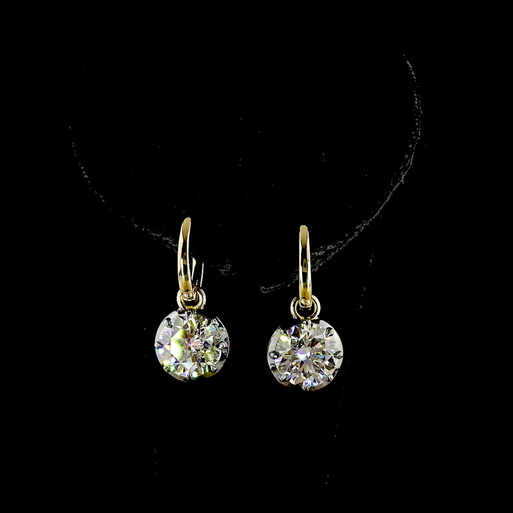 14K Yellow Gold Hanging Drop Earrings with Brilliant Round Cut Lab Diamonds - 4.06 Carat Total Weight (E-F Color, VVS2 Clarity) - Covaloro Fine Jewelry