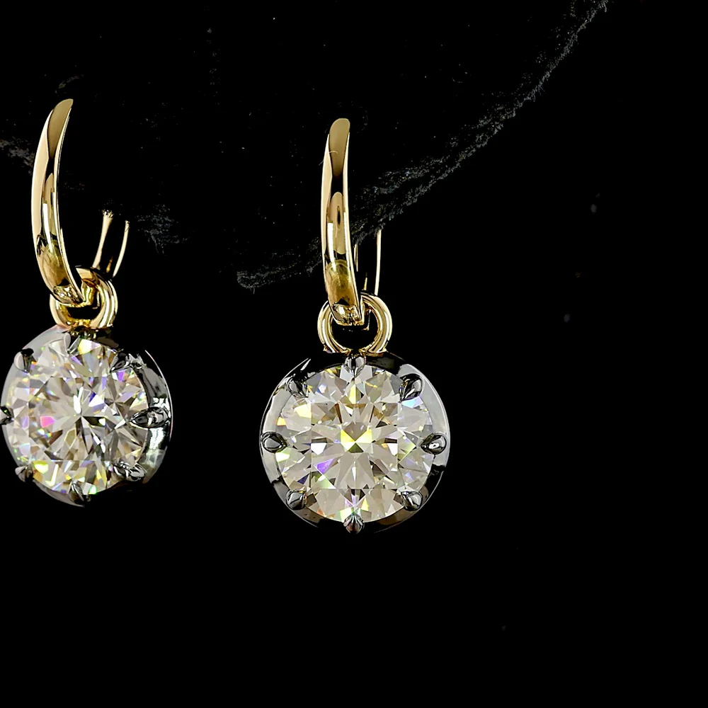 14K Yellow Gold Hanging Drop Earrings with Brilliant Round Cut Lab Diamonds - 4.06 Carat Total Weight (E-F Color, VVS2 Clarity) - Covaloro Fine Jewelry - Image 2