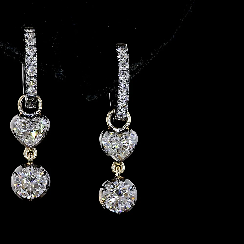 14K Yellow Gold Hanging Drop Earrings with Heart and Round Brilliant Cut Lab Diamonds - 2.19 Carats Total Diamond Weight - Covaloro Fine Jewelry - Image 2