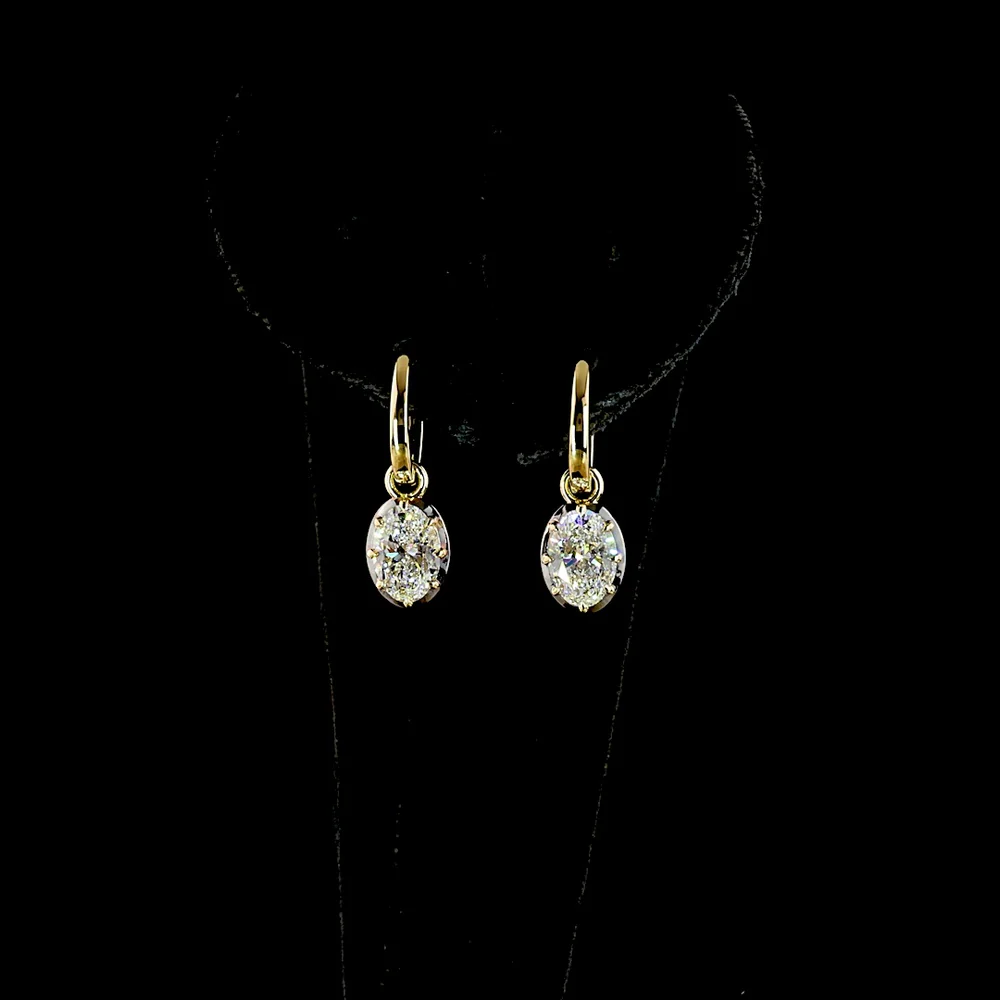 14K Yellow Gold Hanging Drop Earrings with Oval Cut Lab Grown Diamonds - 2.05 Carat Total Diamond Weight (E-F Color, VS1 Clarity) - Covaloro Fine Jewelry
