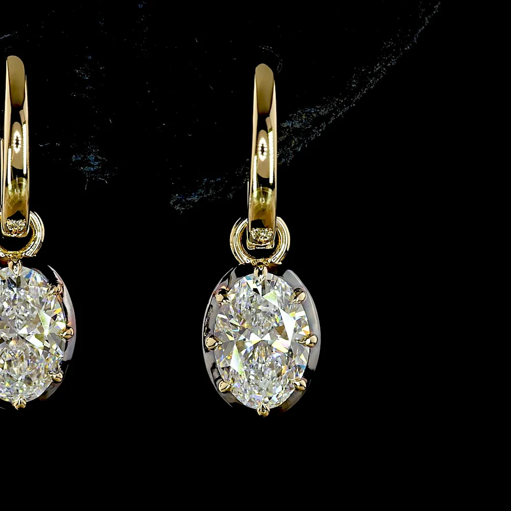 14K Yellow Gold Hanging Drop Earrings with Oval Cut Lab Grown Diamonds - 2.05 Carat Total Diamond Weight (E-F Color, VS1 Clarity) - Covaloro Fine Jewelry - Image 2