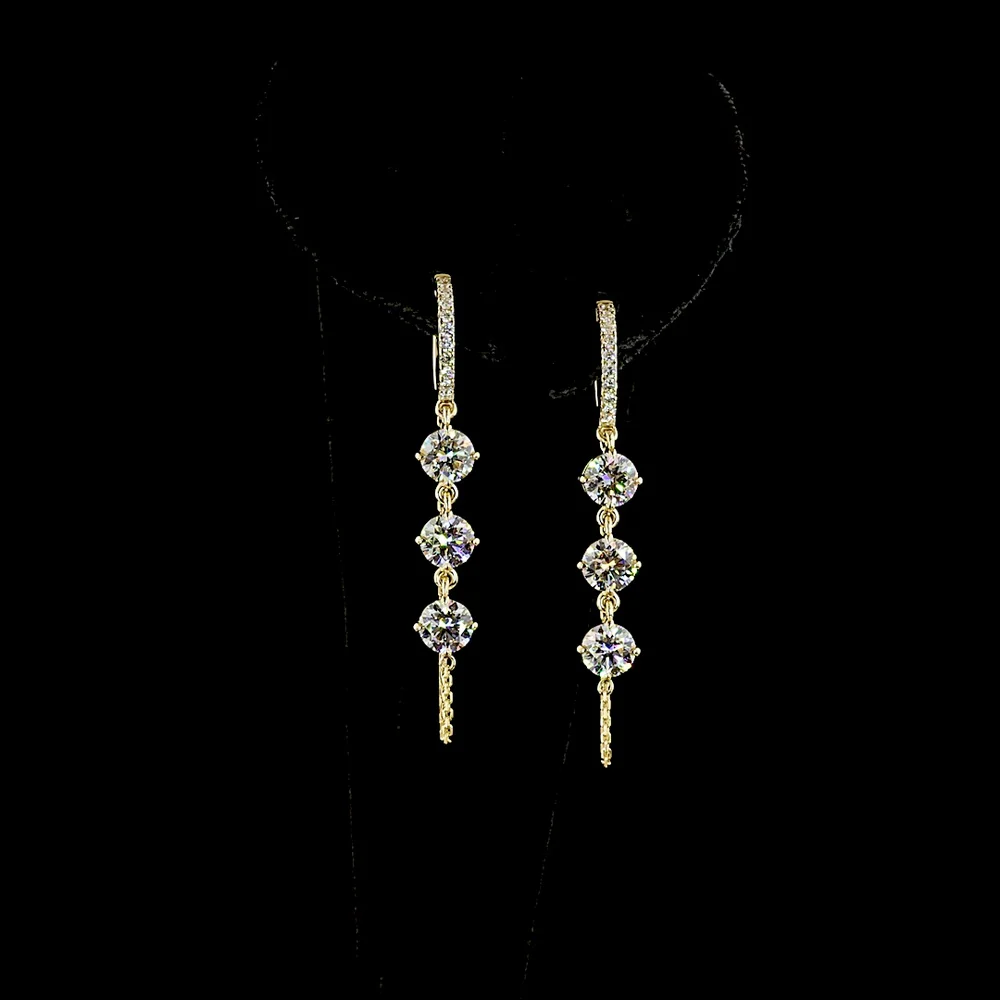 14K Yellow Gold Hanging Drop Earrings with Prong-Set Round Lab Diamonds - 3.31 Carats Total Diamond Weight - Covaloro Fine Jewelry
