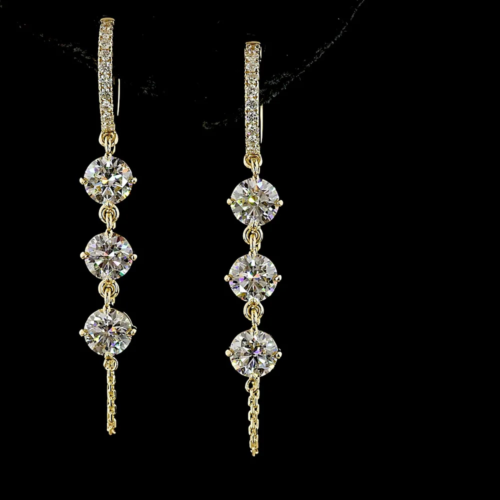 14K Yellow Gold Hanging Drop Earrings with Prong-Set Round Lab Diamonds - 3.31 Carats Total Diamond Weight - Covaloro Fine Jewelry - Image 2