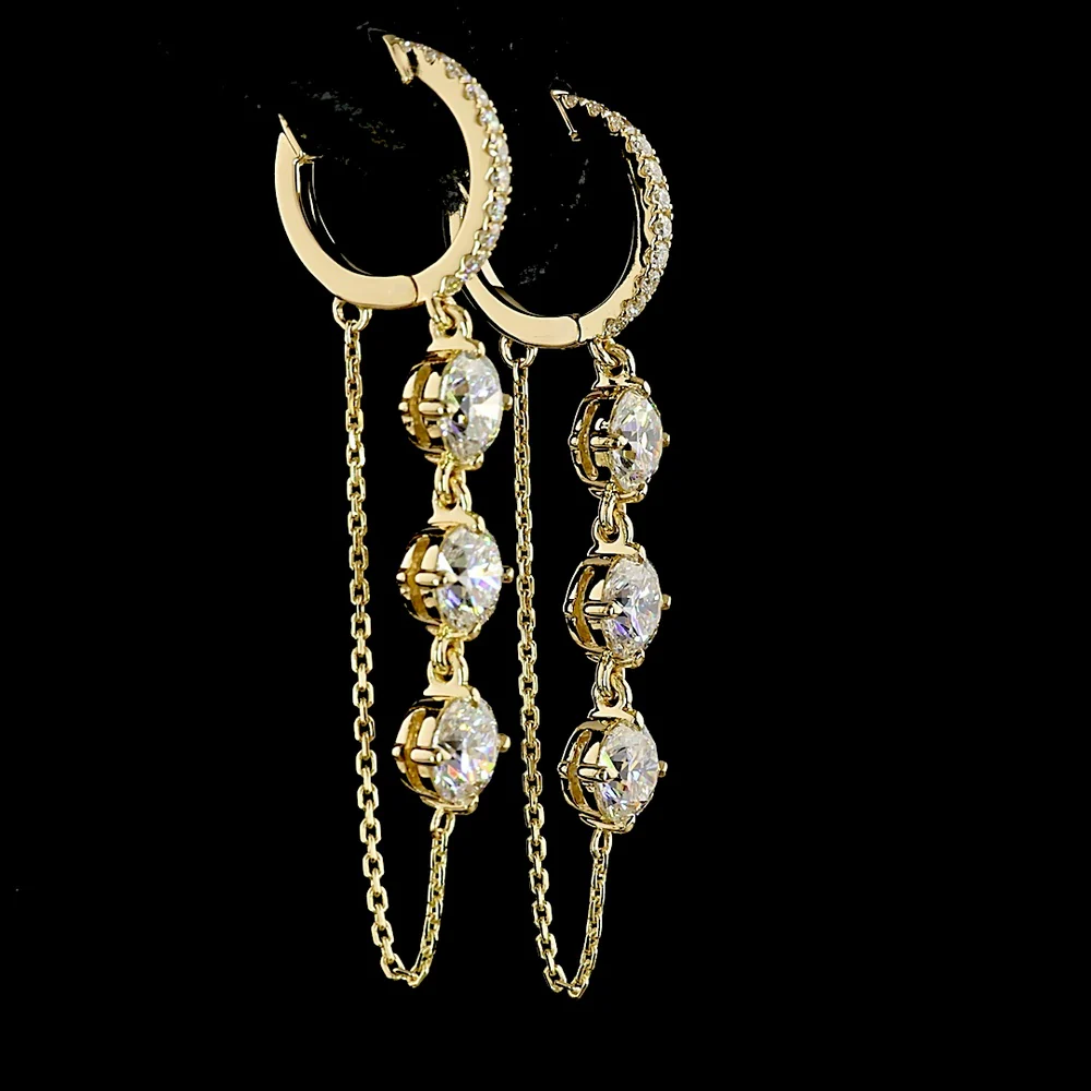 14K Yellow Gold Hanging Drop Earrings with Prong-Set Round Lab Diamonds - 3.31 Carats Total Diamond Weight - Covaloro Fine Jewelry - Image 4