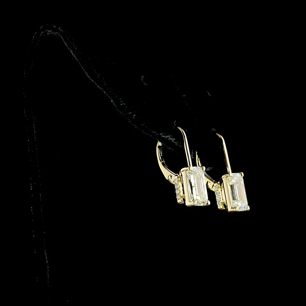 14K Yellow Gold Hanging Earrings with Emerald Cut Lab Diamonds and Brilliant Cut Accent Stones - 4.18 Carat Total Diamond Weight - Covaloro Fine Jewelry - Image 3