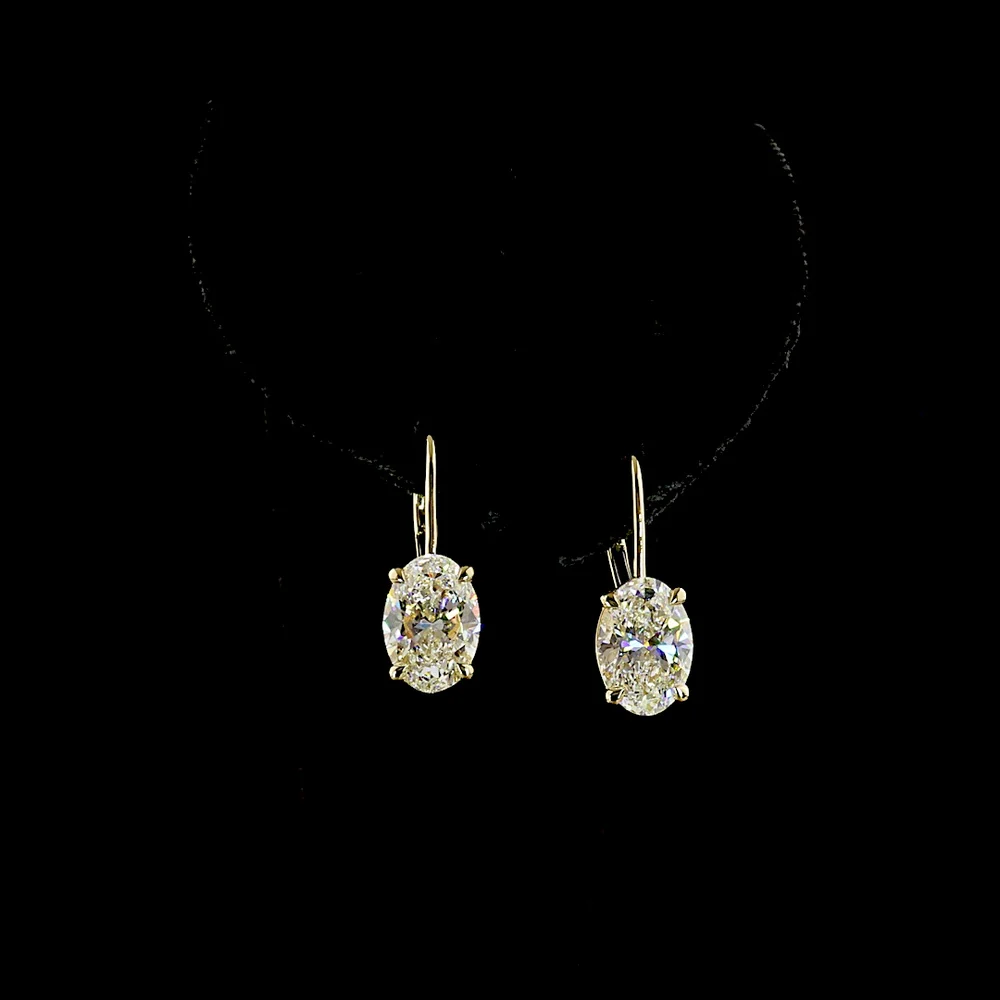 14K Yellow Gold Hanging Oval Cut Lab Diamond Earrings - 4.23 Carat Total Weight with F VS1 Center Stones and Accent Diamonds - Covaloro Fine Jewelry