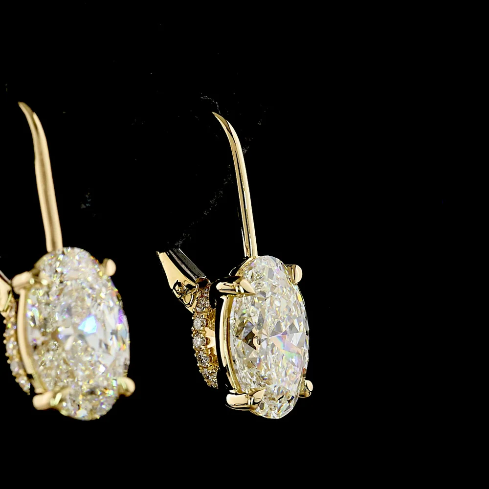14K Yellow Gold Hanging Oval Cut Lab Diamond Earrings - 4.23 Carat Total Weight with F VS1 Center Stones and Accent Diamonds - Covaloro Fine Jewelry - Image 4