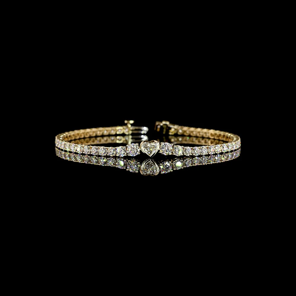 14K Yellow Gold Heart Center Tennis Bracelet with 0.38 Carats Bezel-Set Heart Lab Diamond and 5.39 Carats Round Brilliant Lab Diamonds - 5.77 Carats Total Weight - Covaloro Fine Jewelry