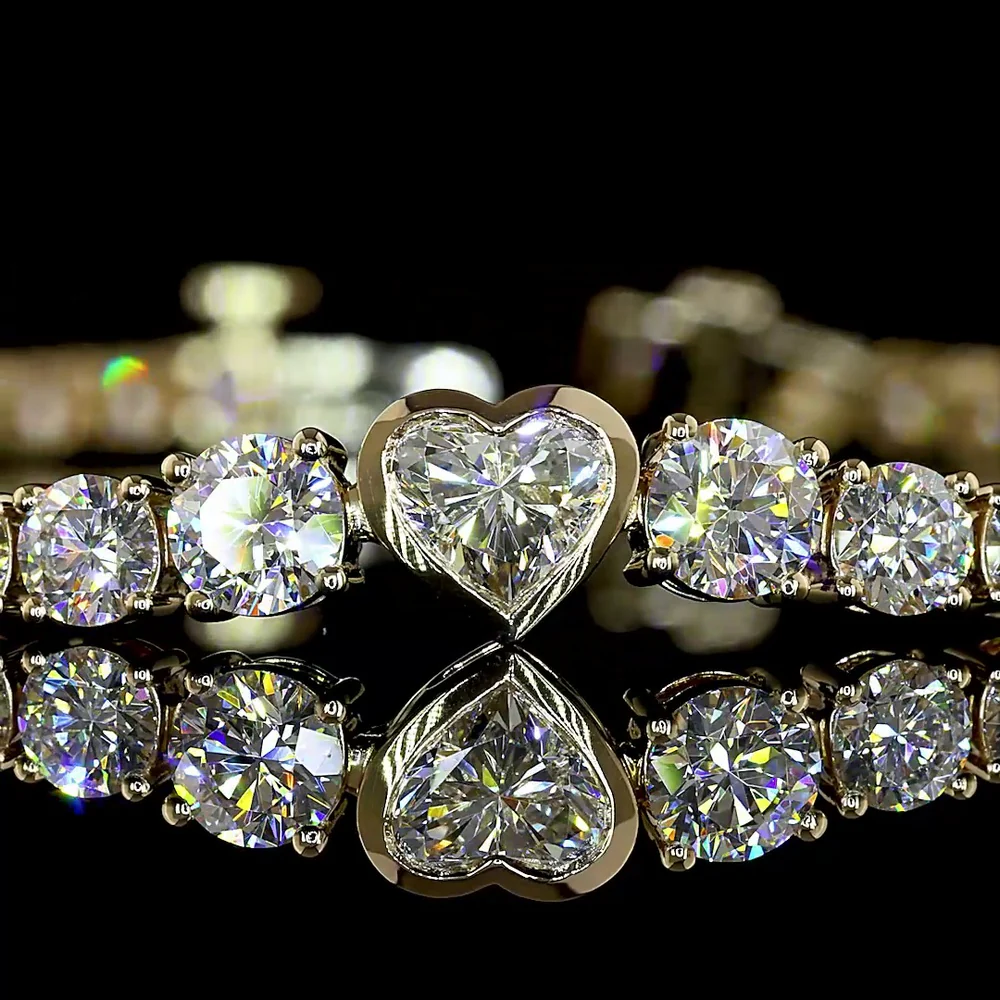 14K Yellow Gold Heart Center Tennis Bracelet with 0.38 Carats Bezel-Set Heart Lab Diamond and 5.39 Carats Round Brilliant Lab Diamonds - 5.77 Carats Total Weight - Covaloro Fine Jewelry - Image 2