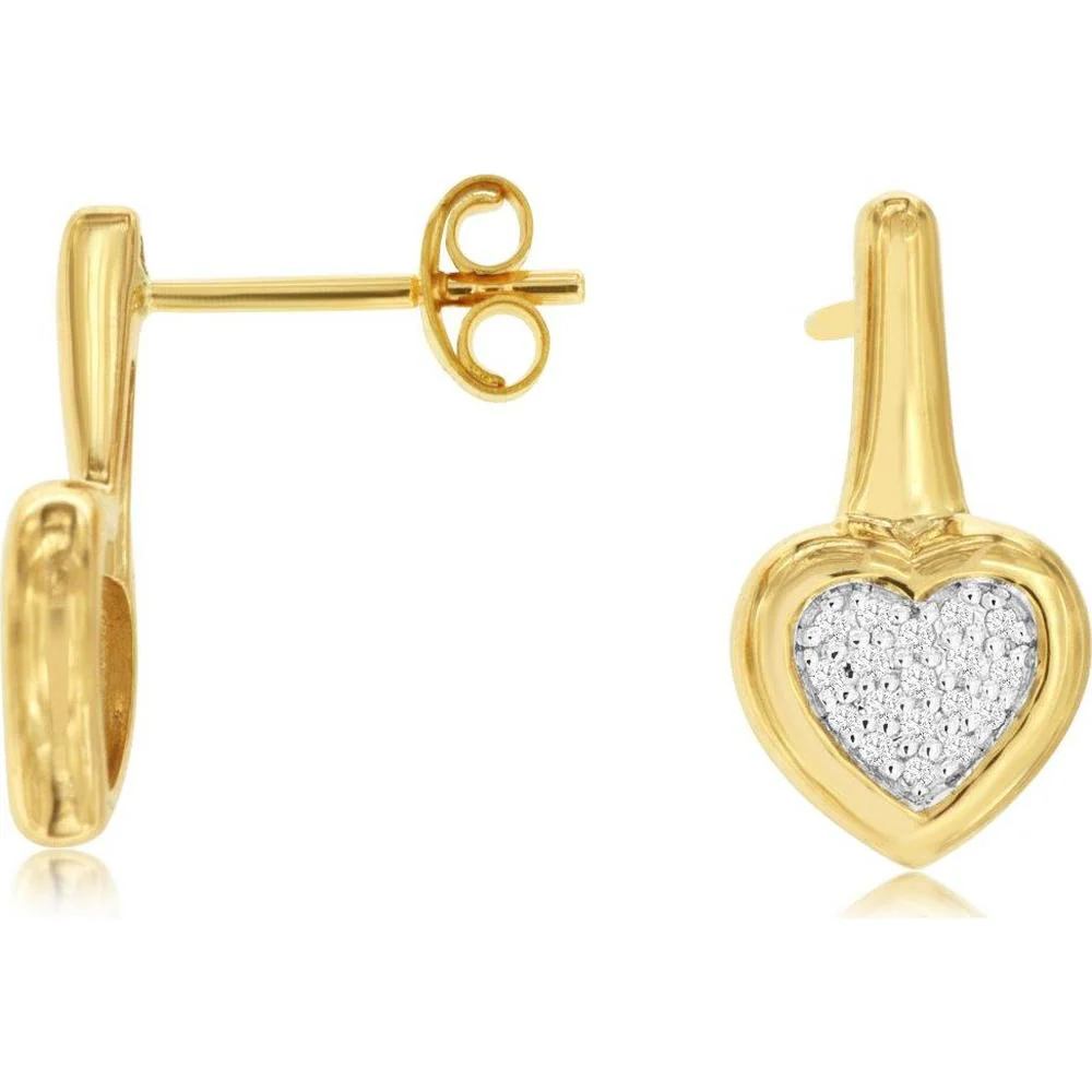 14K Yellow Gold Heart Drop Earrings with Diamond Accents - 0.12 Carat Total Diamond Weight - Royal Jewelry