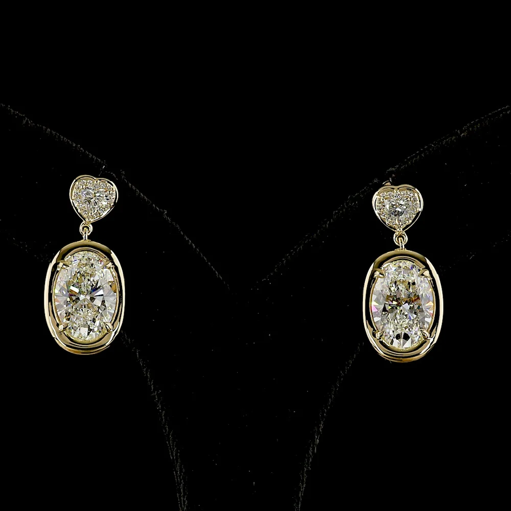14K Yellow Gold Heart Drop Earrings with Oval Lab Diamonds and Heart Studs - 7.76 Carat Total Weight, E-F Color VS1-VVS2 Clarity - Covaloro Fine Jewelry