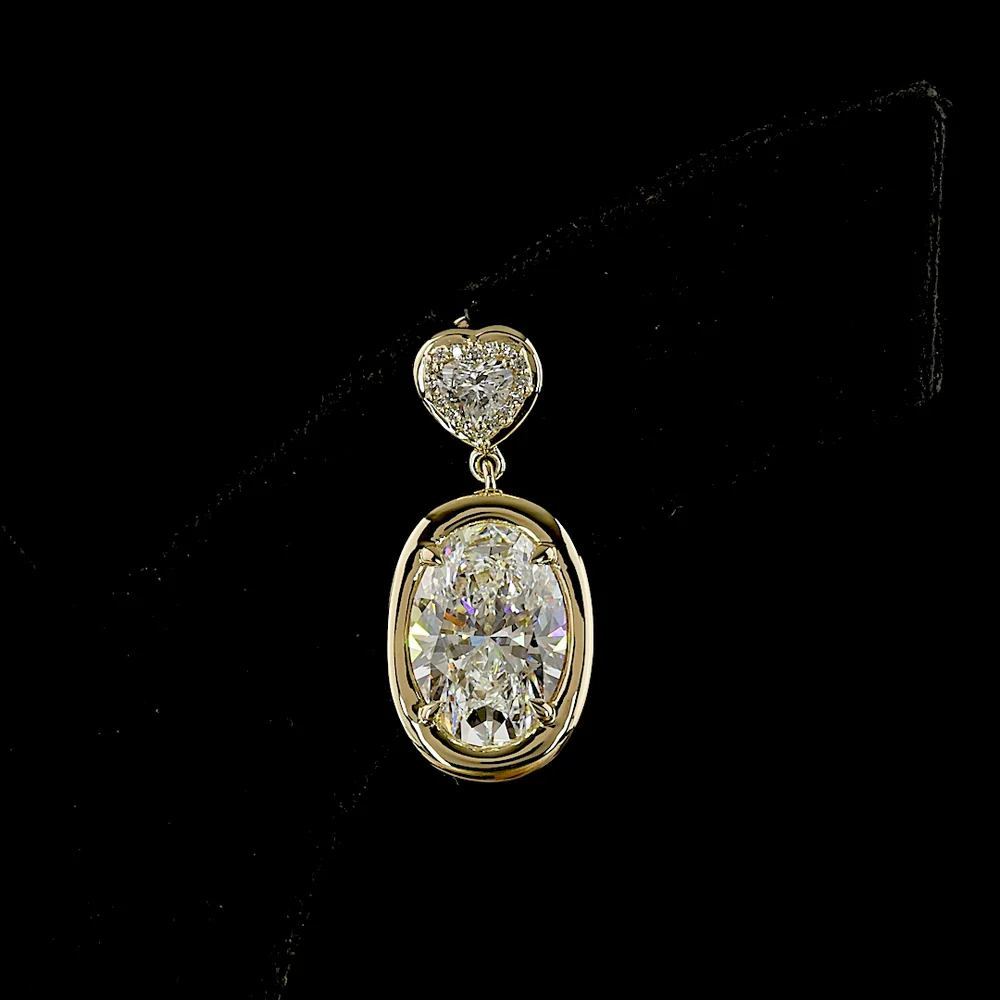 14K Yellow Gold Heart Drop Earrings with Oval Lab Diamonds and Heart Studs - 7.76 Carat Total Weight, E-F Color VS1-VVS2 Clarity - Covaloro Fine Jewelry - Image 2