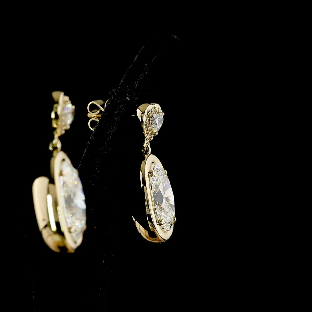 14K Yellow Gold Heart Drop Earrings with Oval Lab Diamonds and Heart Studs - 7.76 Carat Total Weight, E-F Color VS1-VVS2 Clarity - Covaloro Fine Jewelry - Image 4